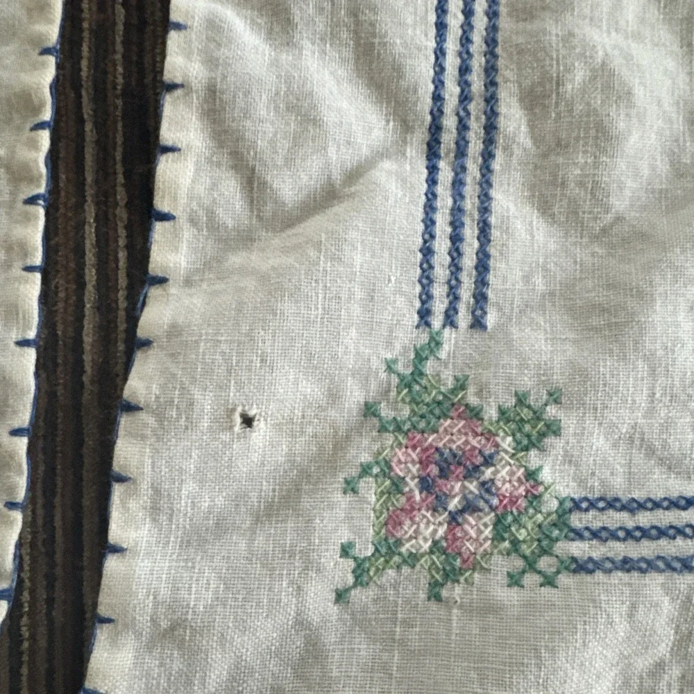 Handmade Cross-Stitch Linen Chair Back & Armrest Cover Set Vtg Scalloped Doilies